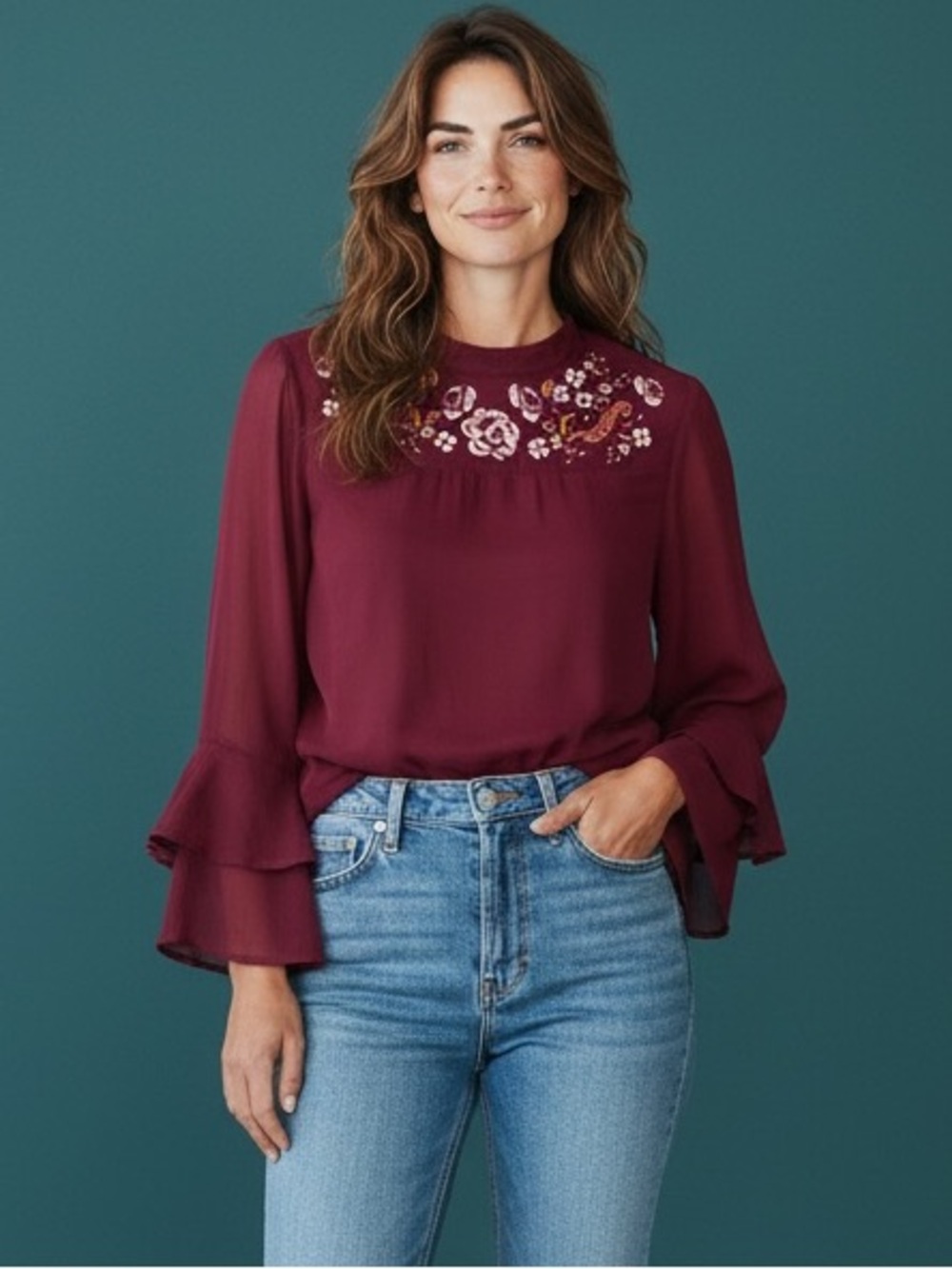 Burgundy, Embroidered, Long Sleeve Blouse with Tiered Sleeves